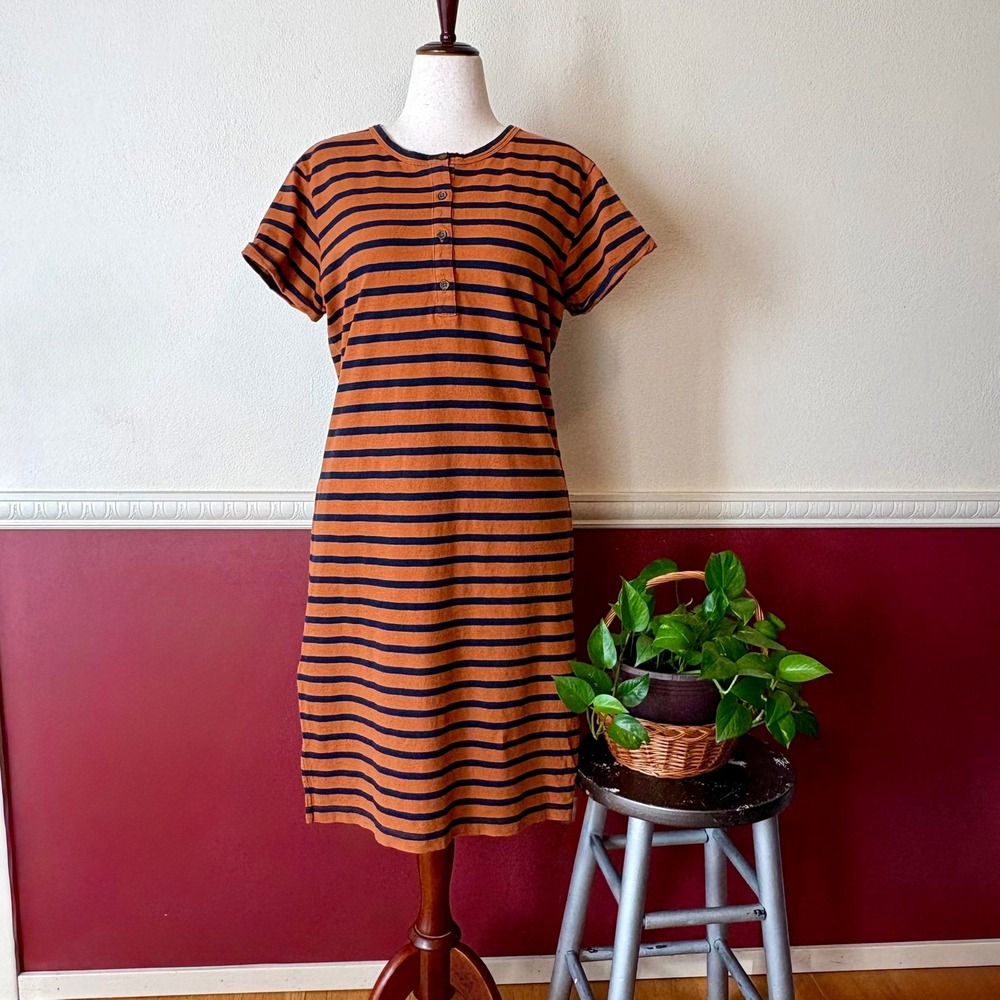 Old Navy Henley T-Shirt Dress Rust Orange & Navy Blue Stripe 100% Cotton Size LP